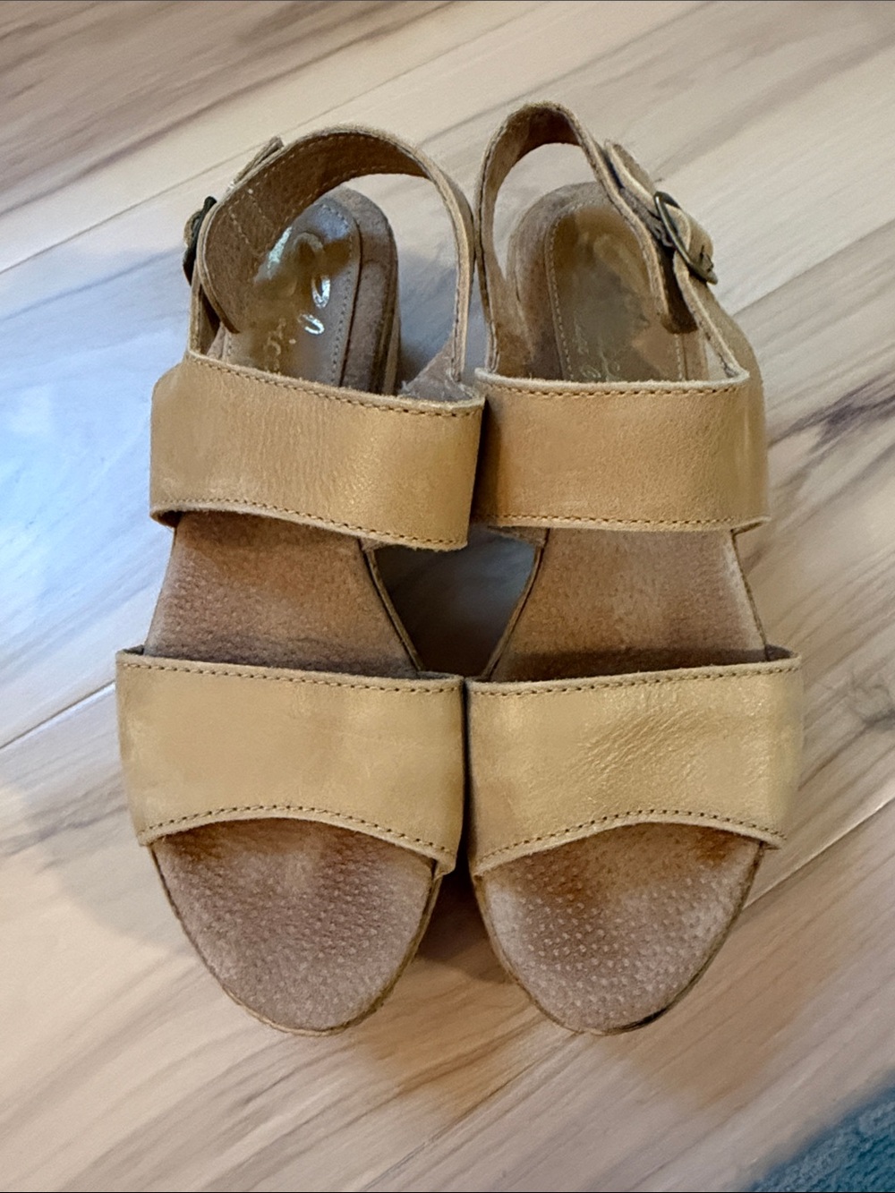 Sbicca Vintage Collection Tan Leather Double-Strap Wedge Sandals